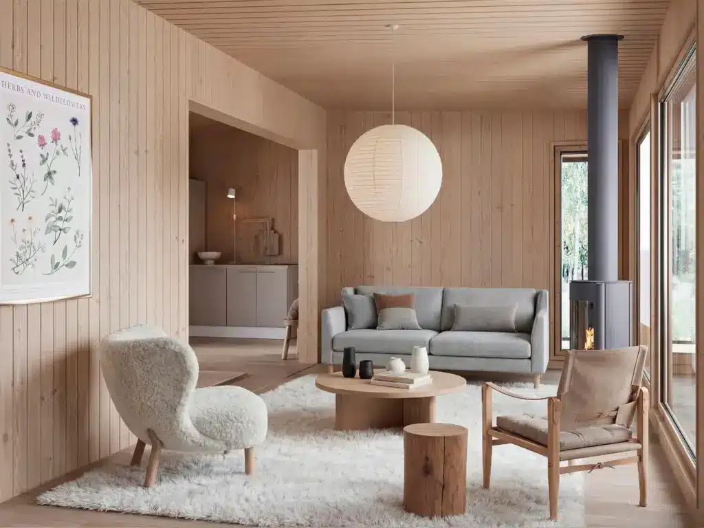 Talviasuttavan mökin olohuone, jossa sohvia ja tuoleja