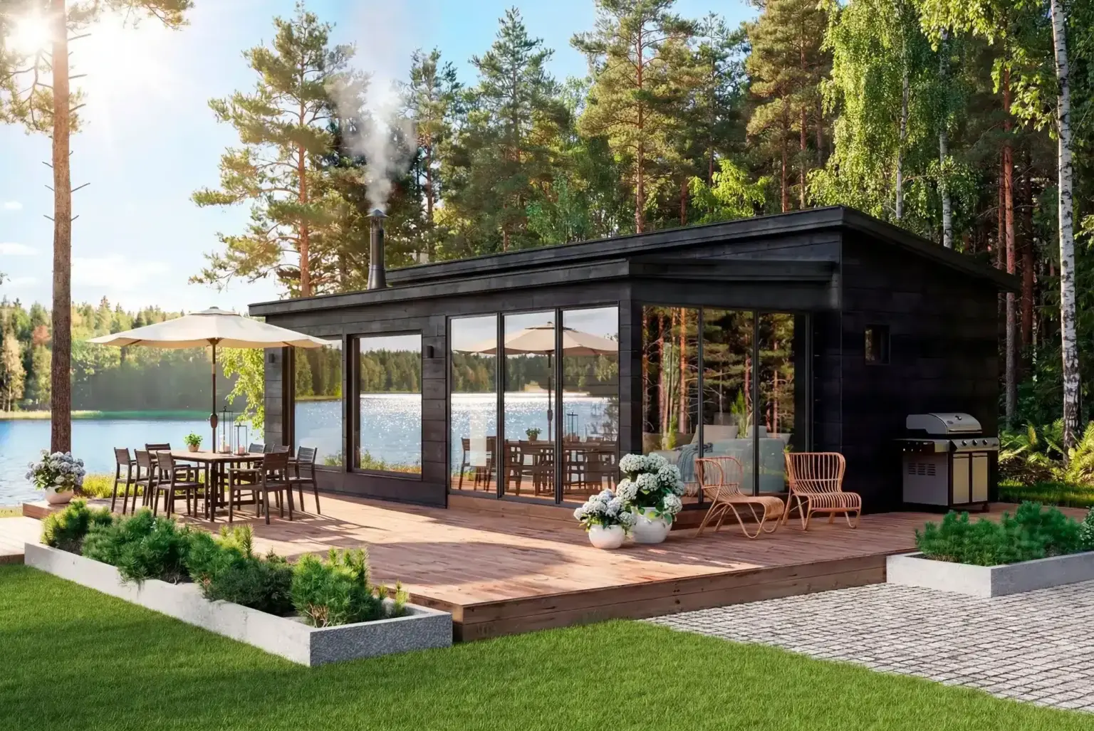 Mökki lasituksilla järven rannalla